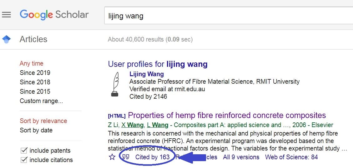 This image show Professor Lijing Wang's paper called Properties of hemp gibre reinforced concrete composites. The image shows that the paper has been cited by 163 other papers.